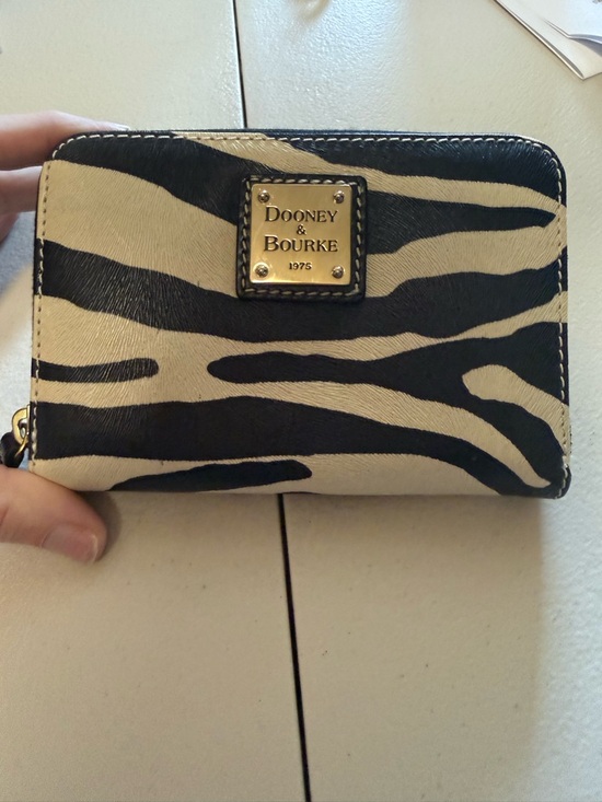 Dooney & Bourke Handbags - Dooney & Bourke Black and Cream Zebra accordion Compact Wallet with Logo Plaque